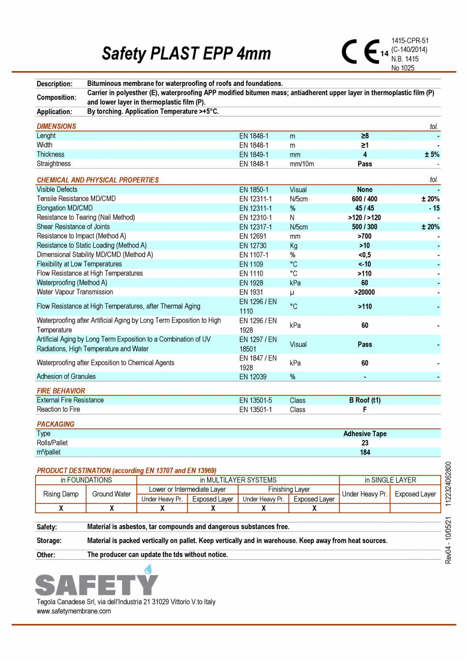 Pagina 1-Membrane hidroizolante APP.Safety_PLAST_EPP_4 mm TEGOLA Safety FLEX. / PLAST. / BASE. Specificații ...