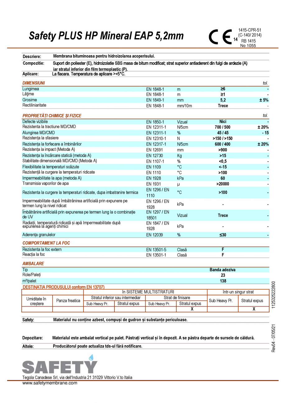 Pagina 1-Membrane hidroizolante SBS Safety_PLUS_HP_Mineral_EAP_5,2mm TEGOLA SAFETY PLUS. Specificații...
