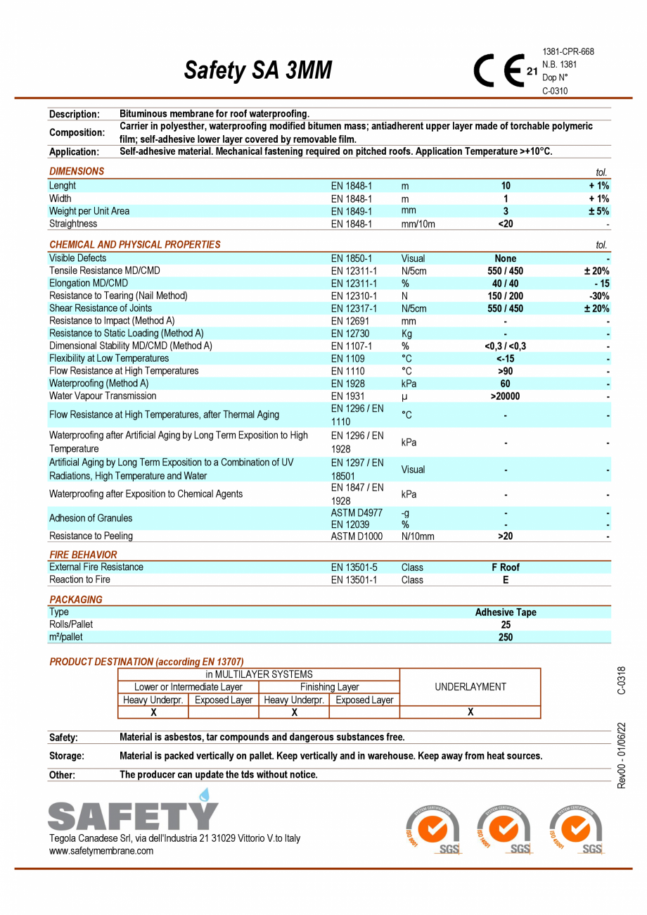 Pagina 1-Membrane bituminoase polimerice autoadezive Safety_SA_3 mm TEGOLA SAFETY SA. Fisa tehnica Engleza...