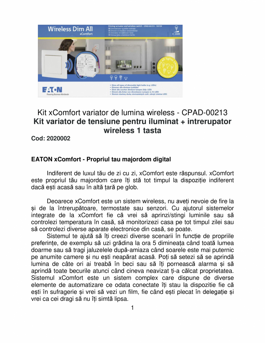 Pagina 1 - Kit xComfort - variator de lumina wireless EATON CPAD-00/213 Catalog, brosura Romana Kit ...