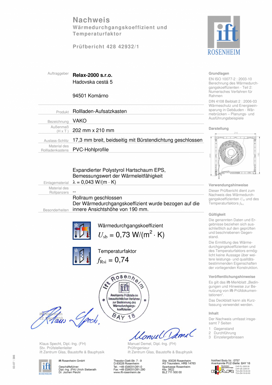 Pagina 1-Declaratie de conformitate - rulouri exterioare 210 mm x 190 mm RELAX 2000 SLOVACIA Certificare...