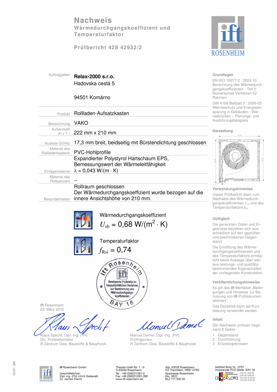 Pagina 1-Declaratie de conformitate - rulouri exterioare 210 mm x 210 mm RELAX 2000 SLOVACIA Certificare...