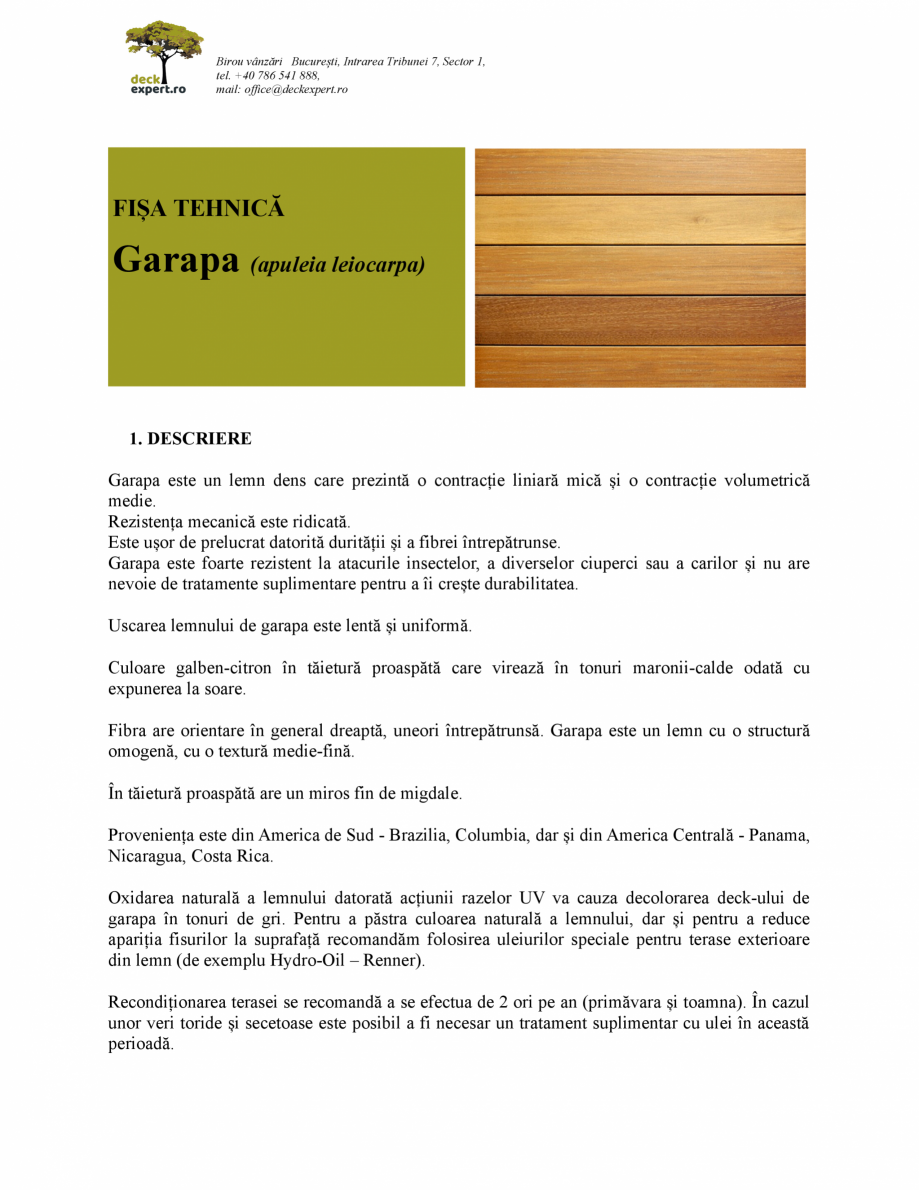 Pagina 1-Lemn exotic pentru decking deckexpert.ro GARAPA Fisa tehnica Romana Birou vânzări București,...