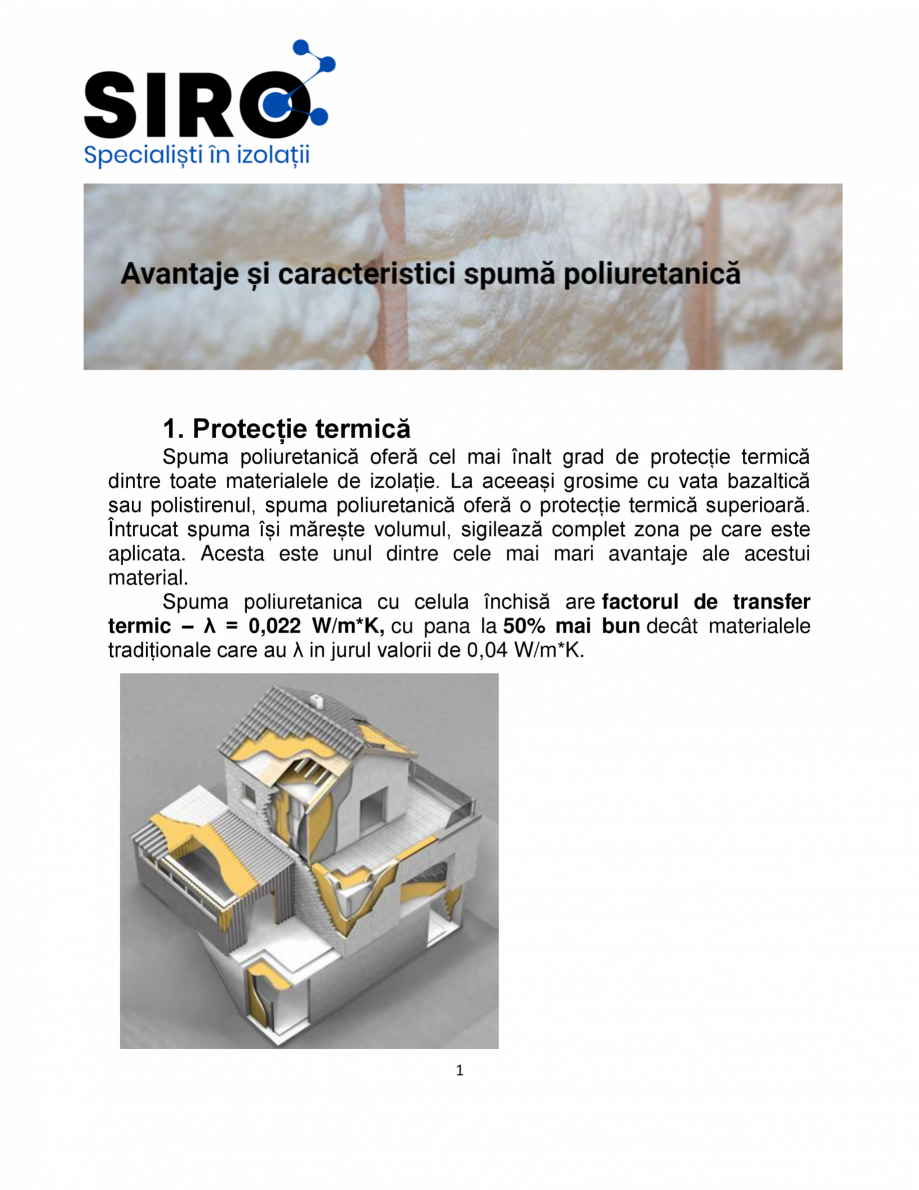 Pagina 1-Avantaje si caracteristici spuma poliuretanica SIRO Catalog, brosura Romana 1. Protecție termică...