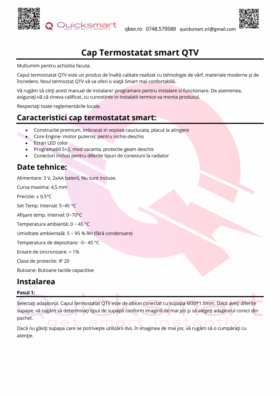 Pagina 1-Manual cap Termostatat QTV QUICKSMART Cap QTV, Kit automatizare QTV 5, Kit automatizare QTV3, Kit...