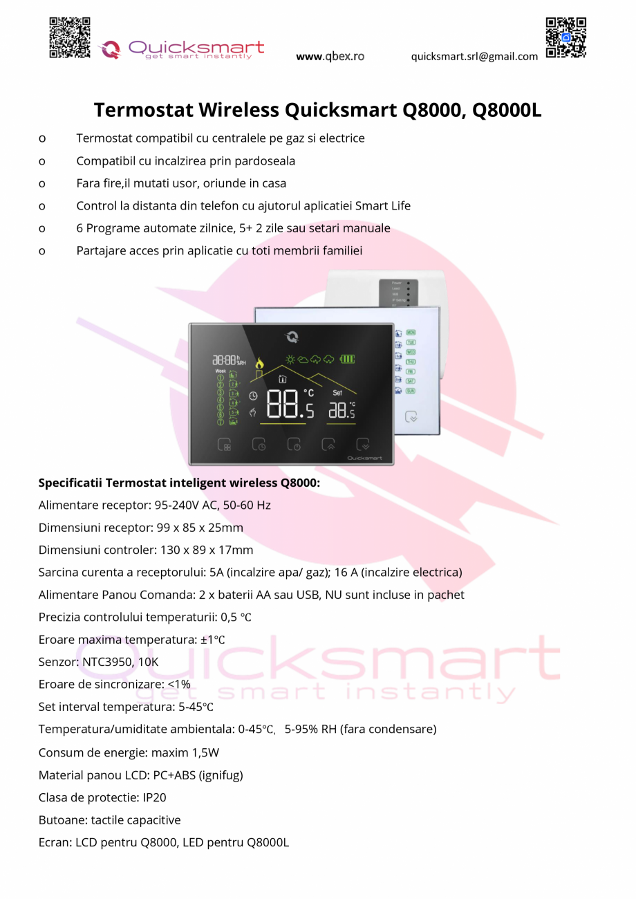Pagina 1-Manual termostat Q8000 QUICKSMART Termostat Q8000L , Termostat Q8000 Instructiuni montaj, utilizare ...