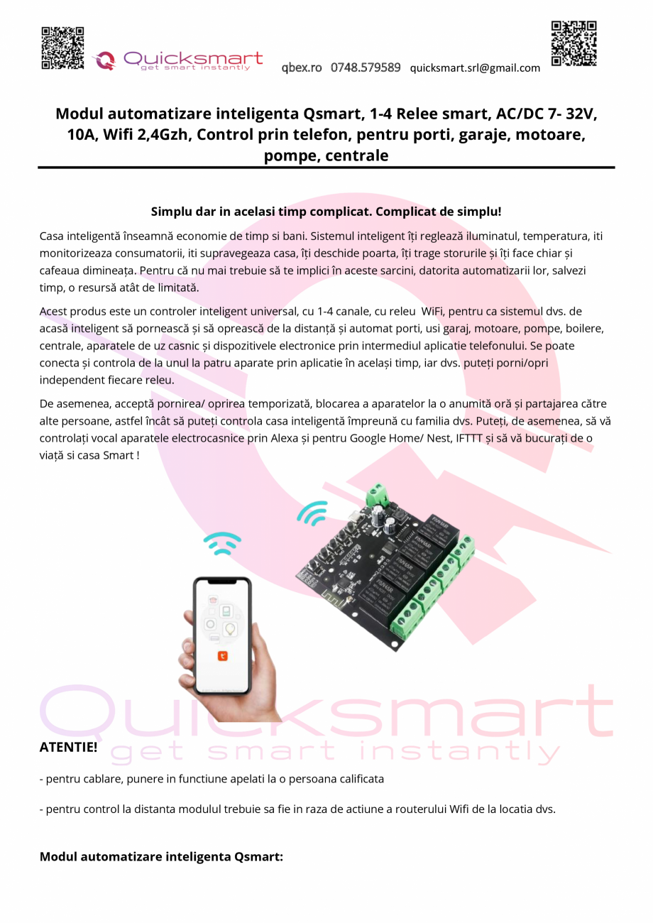 Manual modul Qsmart QUICKSMART Kit automatizare inteligenta Qsmart Q2CH