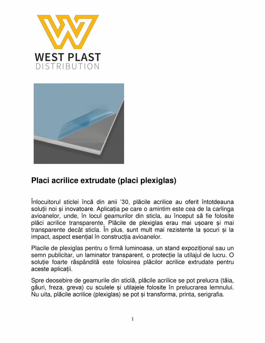 Pagina 1-Placi acrilice extrudate WEST PLAST DISTRIBUTION PMMA XT TRANSPARENT Catalog, brosura Romana Placi...