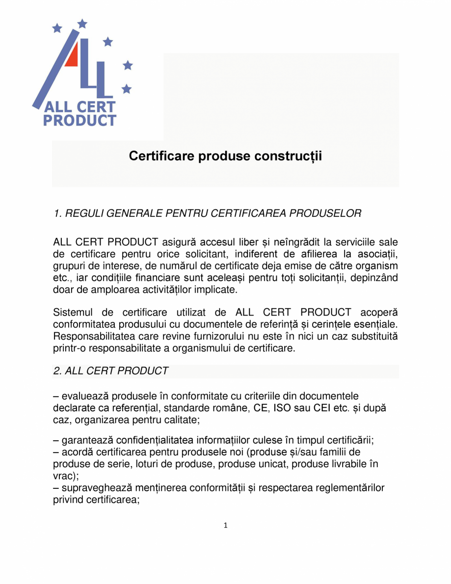 Pagina 1-Certificare produse constructii ALL CERT PRODUCT Catalog, brosura Romana Certificare produse...