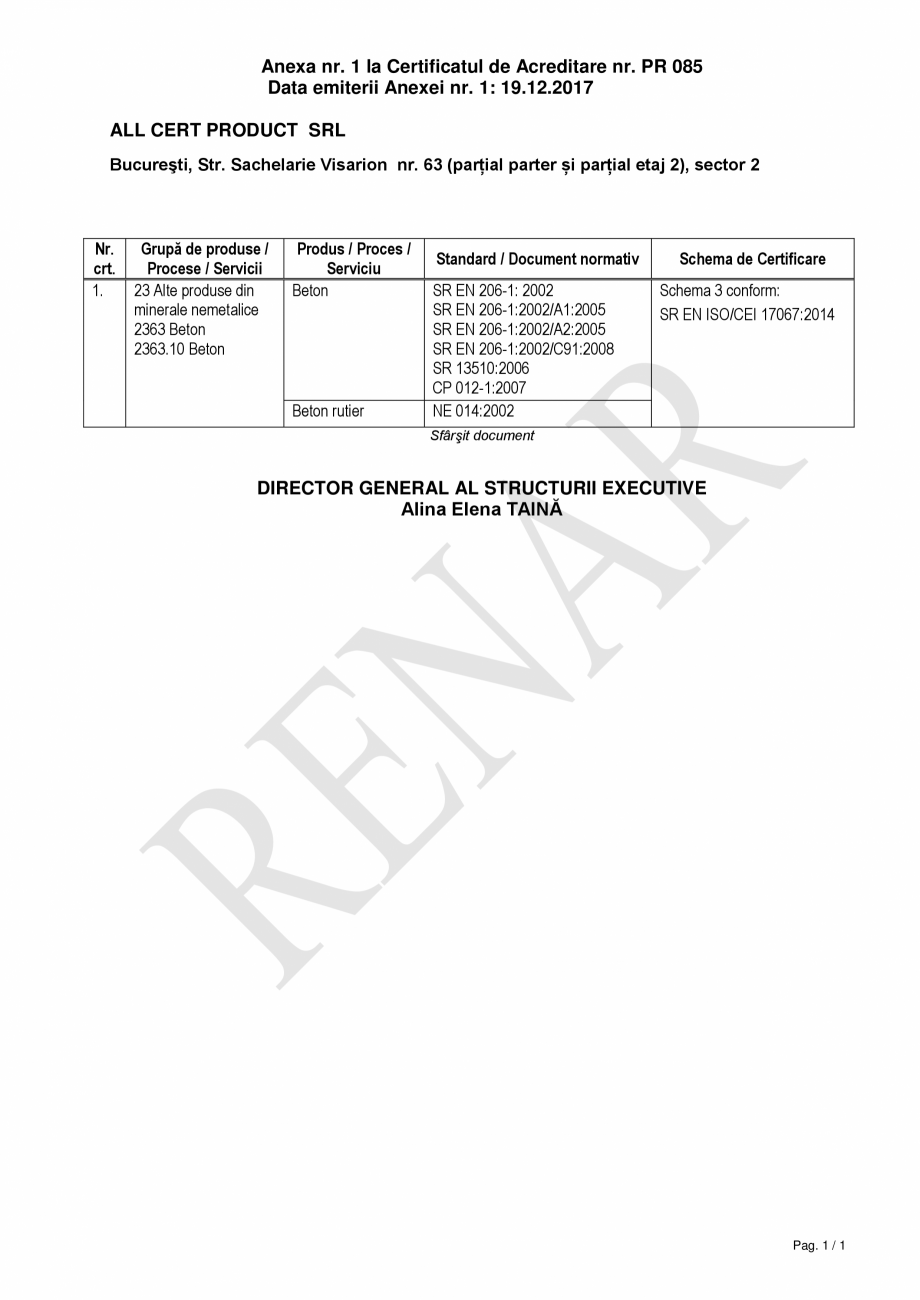 Pagina 1-Anexa la CERTIFICAT DE ACREDITARE Nr. PR 085 - ALL CERT PRODUCT 2017.12.14 ALL CERT PRODUCT domeniul...