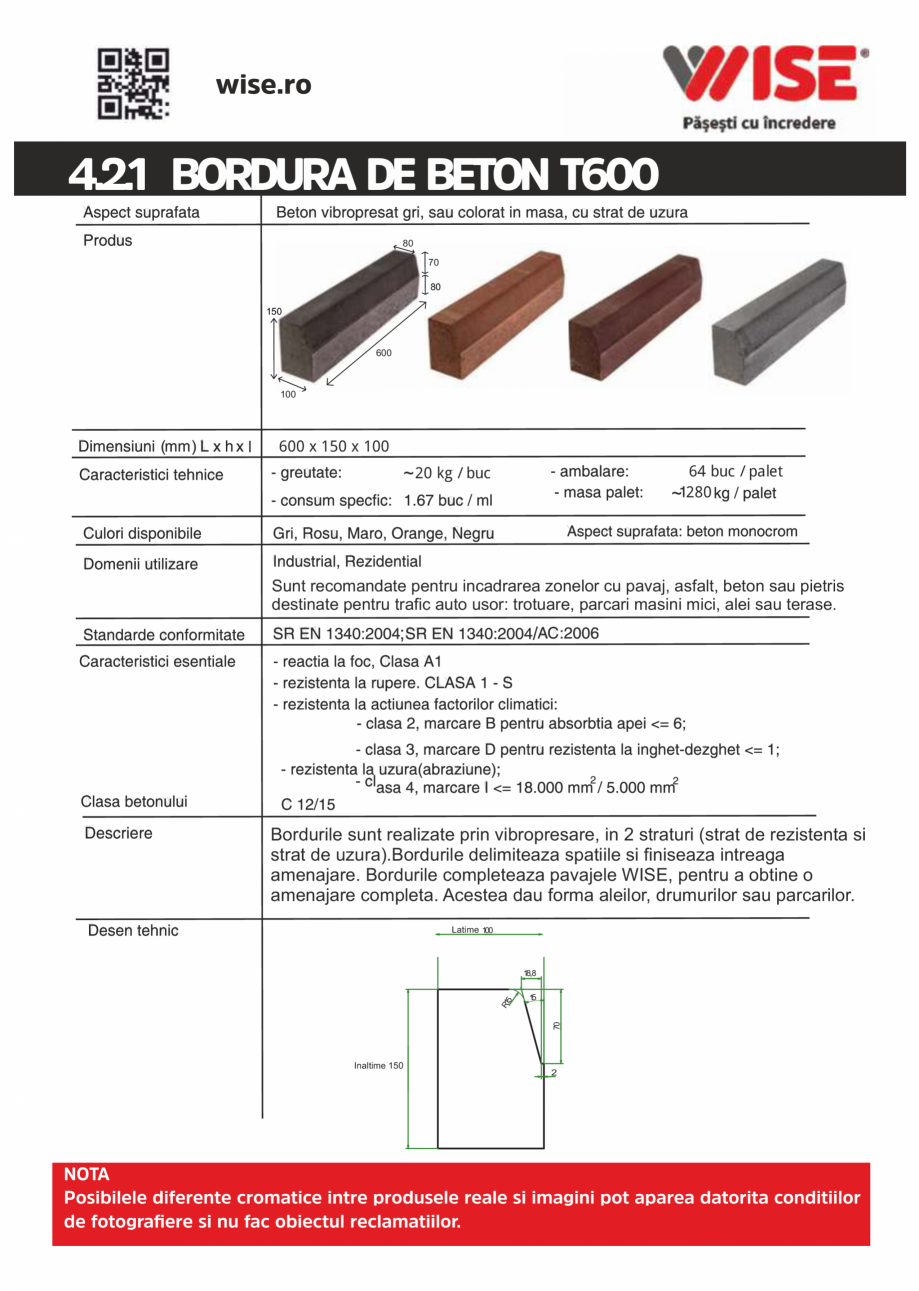 Pagina 1 - Bordura de beton WISE T600 Fisa tehnica Romana 4.2.1 BORDURA DE BETON T600
80
70
80
30...