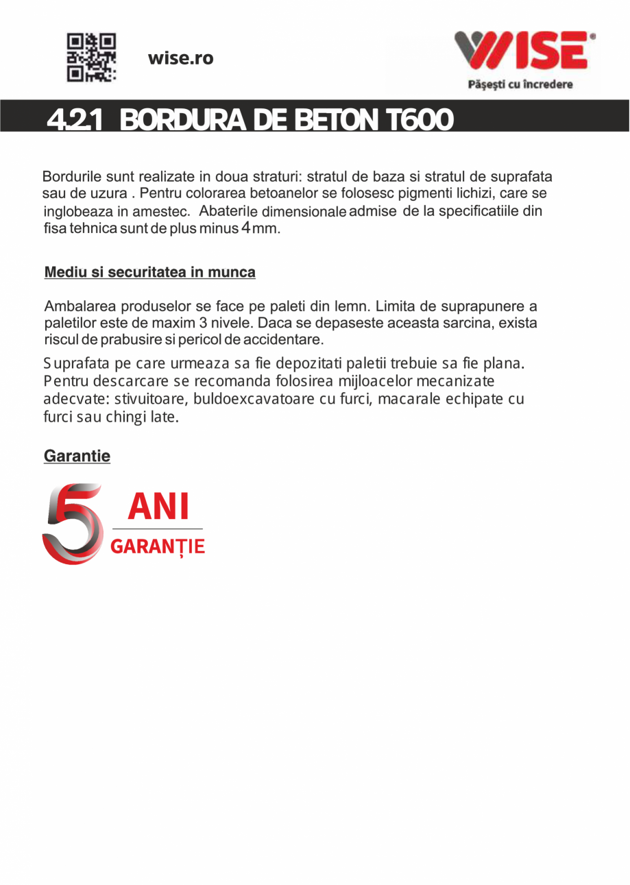 Pagina 2-Bordura de beton WISE T600 Fisa tehnica Romana 