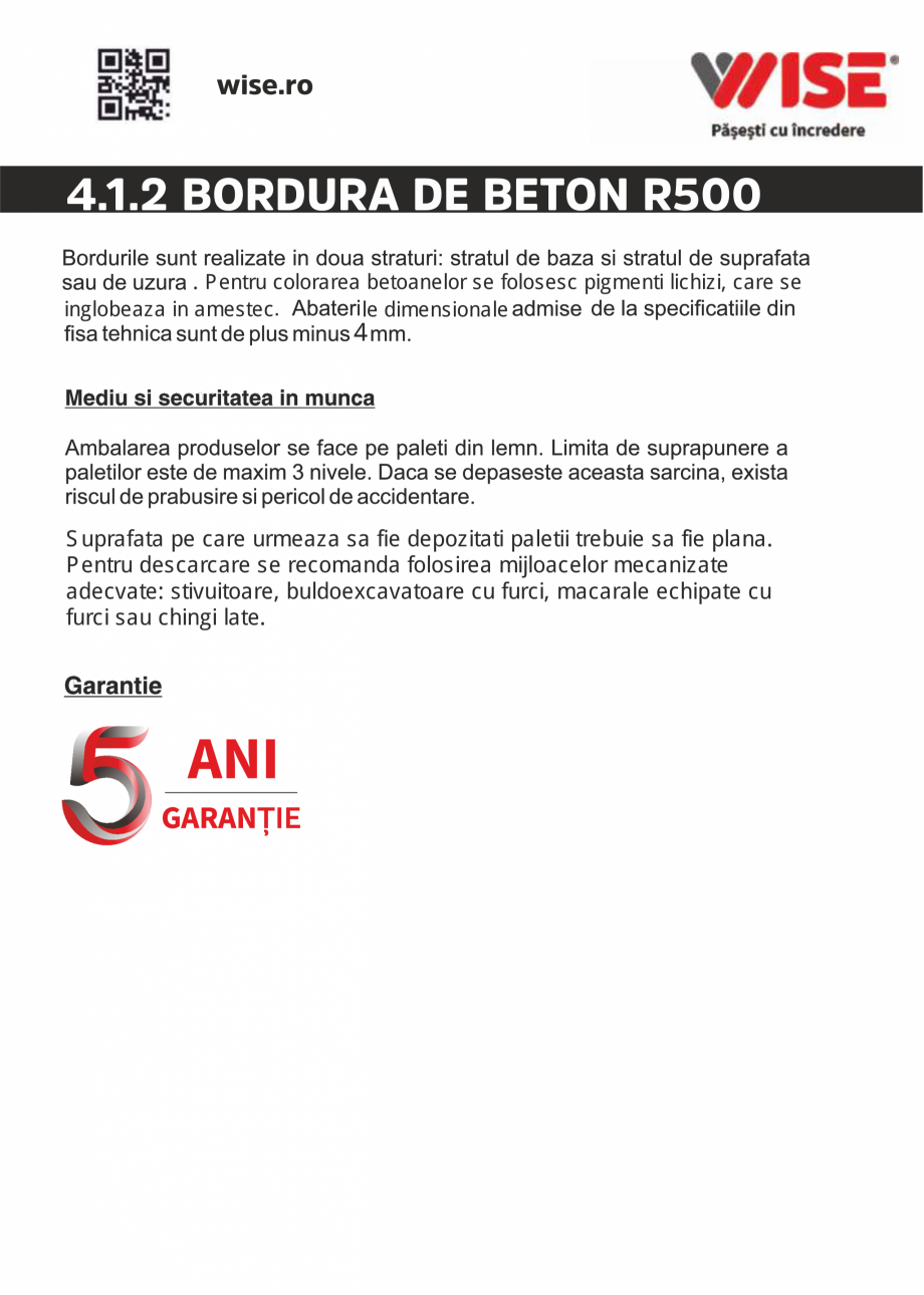 Pagina 2-Bordura de beton WISE R500 Fisa tehnica Romana 