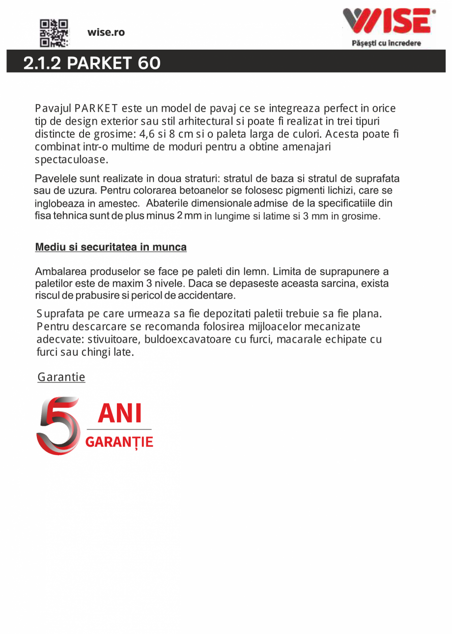 Pagina 2-Pavaj din beton 60 WISE PARKET Fisa tehnica Romana 