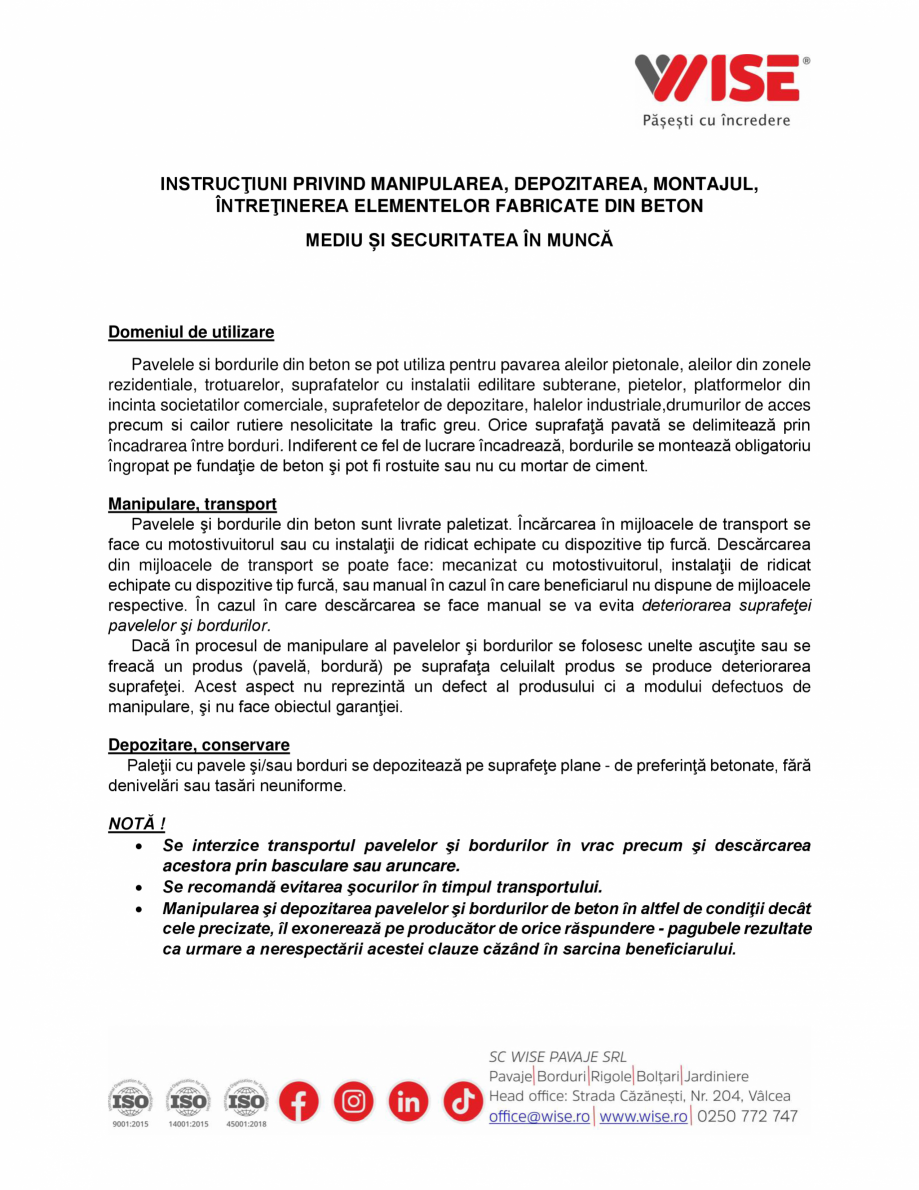 Pagina 1-Instructiuni transport, manipulare, montaj elemente din beton WISE Instructiuni montaj, utilizare...