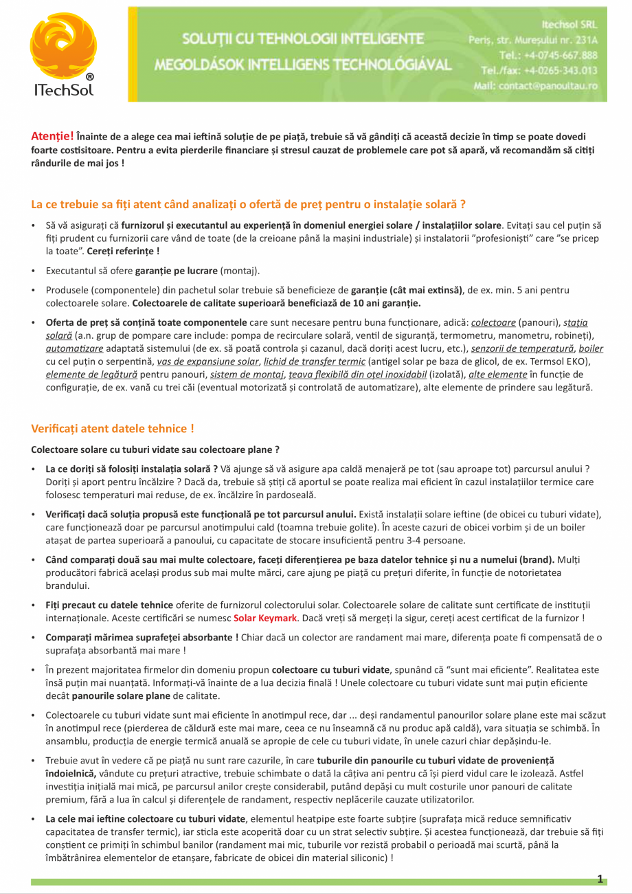 Pagina 1-Cum sa analizati o oferta de pret pentru instalatie solara termica  Catalog, brosura Romana...