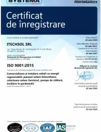 Certificat ITECHSOL - ISO 9001:2015 - Comercializare si instalare solutii cu energii regenerabile