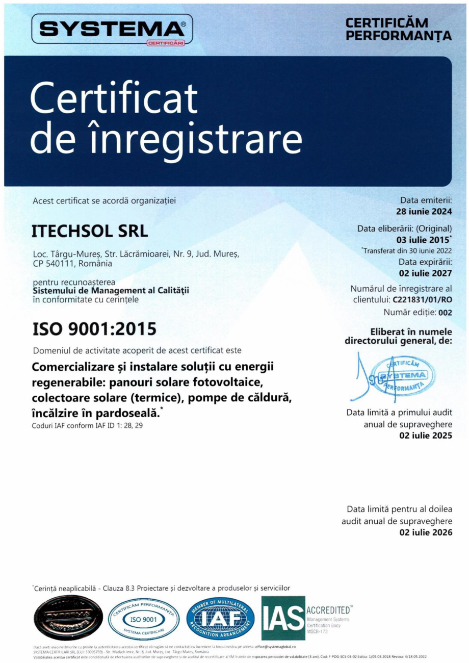 Pagina 1 - Certificat ITECHSOL - ISO 9001:2015 - Comercializare si instalare solutii cu energii...