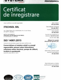 Certificat ITECHSOL - ISO 14001:2015 - Comercializare si instalare solutii cu energii regenerabile