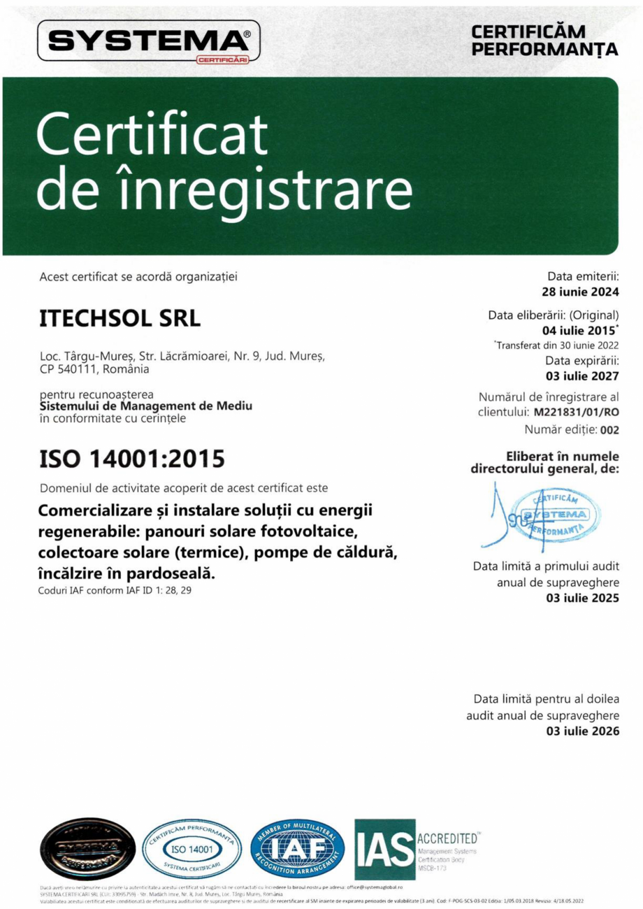 Pagina 1 - Certificat ITECHSOL - ISO 14001:2015 - Comercializare si instalare solutii cu energii...