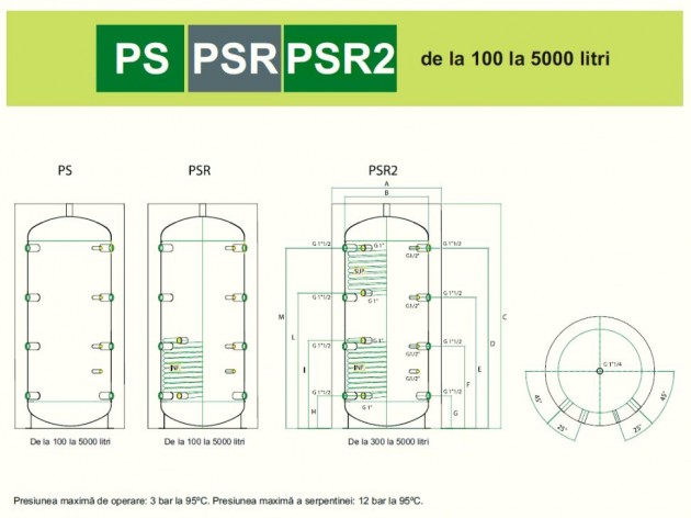 Schiță dimensiuni Rezervoare de stocare (puffere) cu si fara serpentina - PS/PSR/PSR2