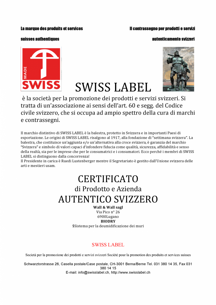 Pagina 1-Certificat SWISS LABEL pentru BioDry  Certificare produs Italiana La marque des produits et services...