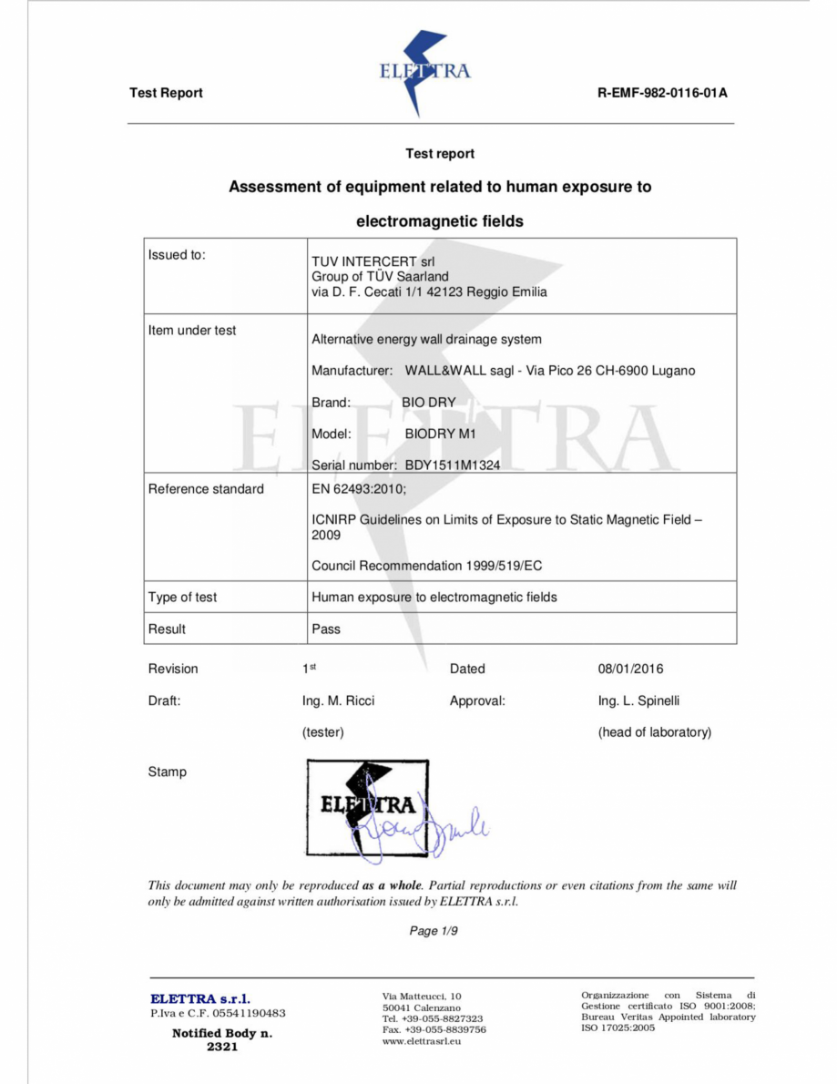 Pagina 1-Certificat de conformitate ELETTRA pentru BioDry  Certificare produs Engleza 