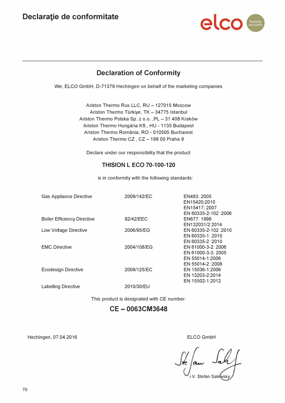 Pagina 70-Manual de Instalare - Centrala in condensare pe gaz ELCO THISION® L ECO Instructiuni montaj,...