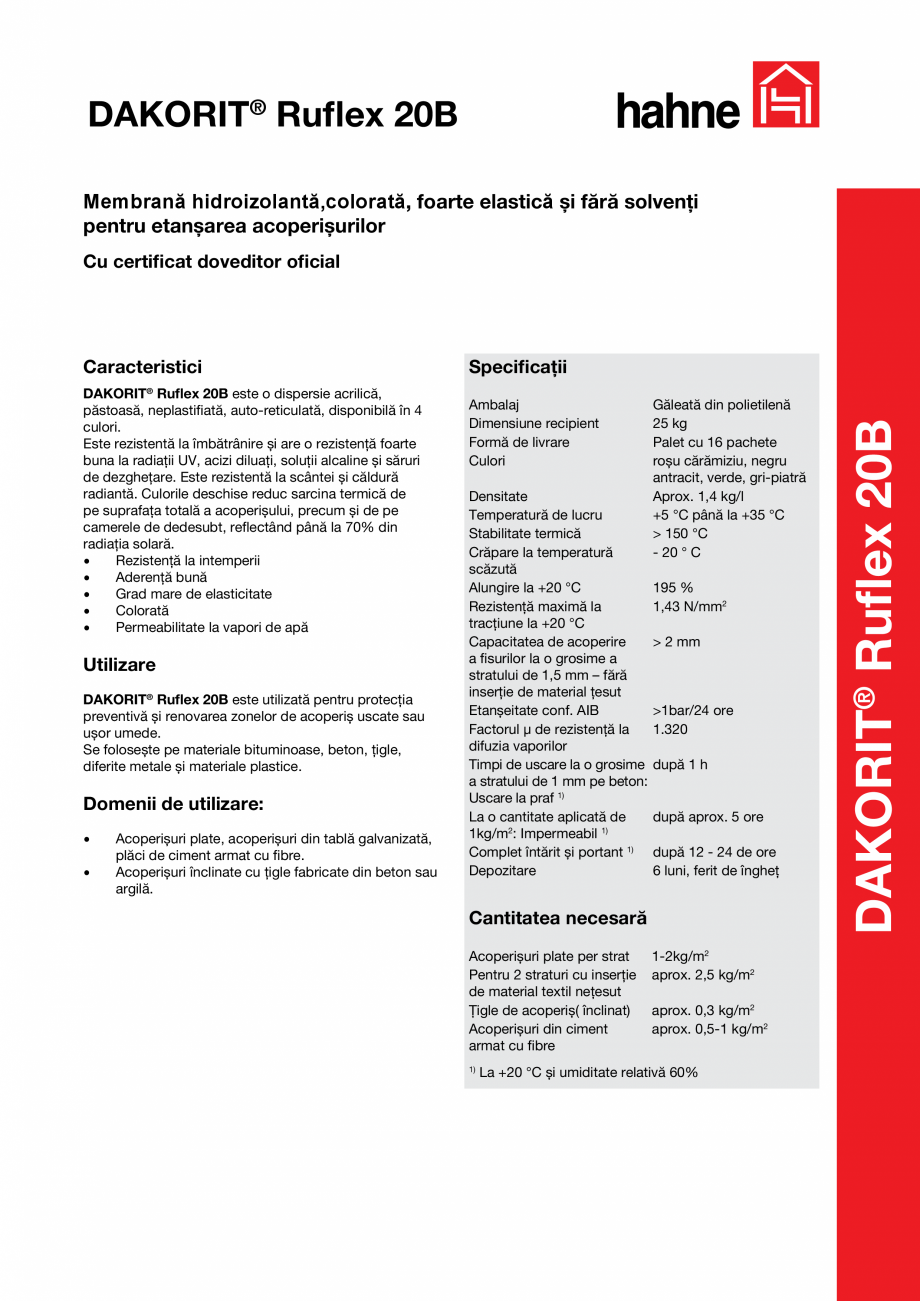 Pagina 1-Invelis colorat pentru acoperisuri Hahne DAKORIT® Ruflex 20B Fisa tehnica Romana DAKORIT®...