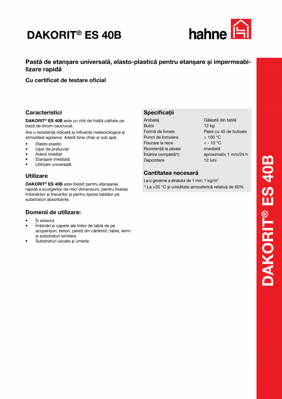 Pagina 1-Pasta de etansare Hahne DAKORIT® ES 40B Fisa tehnica Romana DAKORIT® ES 40B
Pastă de etanşare...