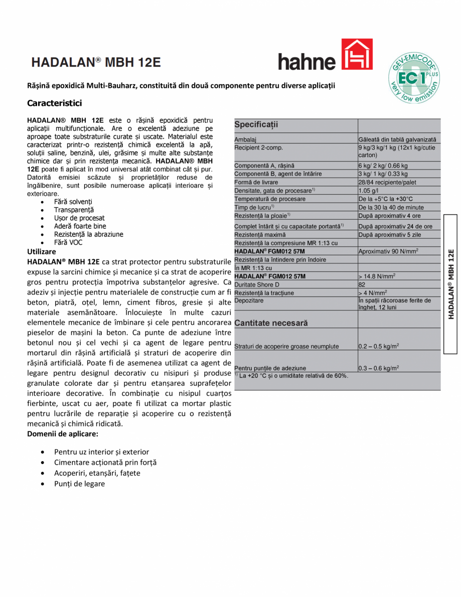 Pagina 1-Rasina expoxidica bicomponenta Hahne HADALAN® MBH 12E Fisa tehnica Romana Rășină epoxidică...
