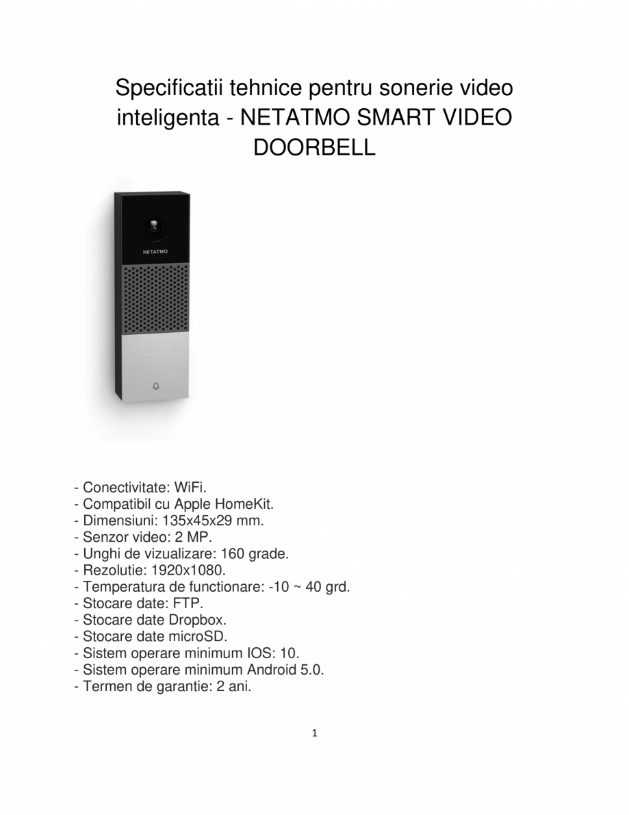 Pagina 1-Specificatii tehnice pentru sonerie video inteligenta Netatmo NETATMO SMART VIDEO DOORBELL Fisa...