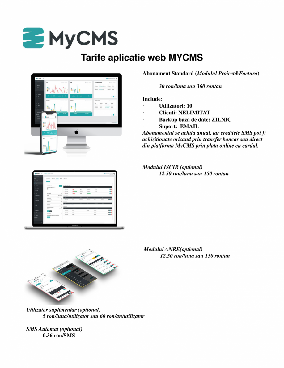 Pagina 1-Tarife aplicatie web MyCMS modul standard MyCMS, modul ISCIR MyCMS, modul ANRE MyCMS Catalog,...