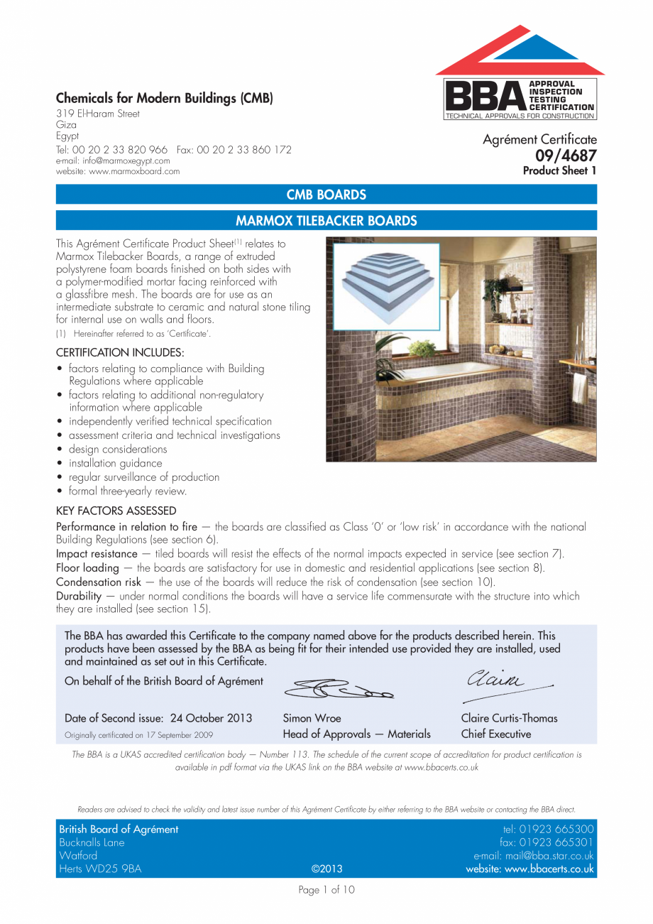 Pagina 1-Certificare BBA 09/4687 pentru placile de constructie MARMOX  Certificare produs Engleza APPROVAL...