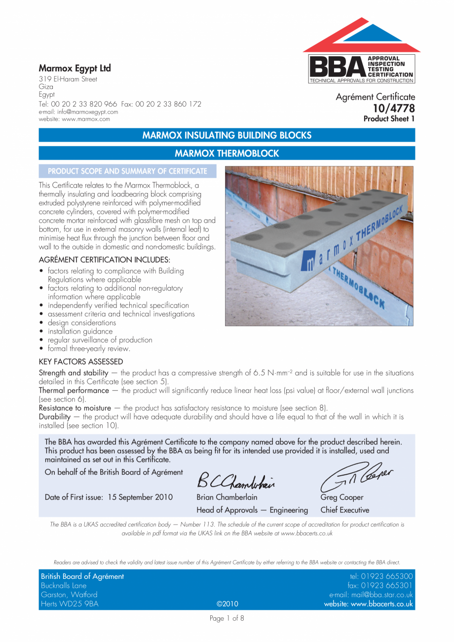 Pagina 1-Certificare BBA 10/4779 pentr MARMOX THERMOBLOCK  Certificare produs Engleza APPROVAL
INSPECTION...