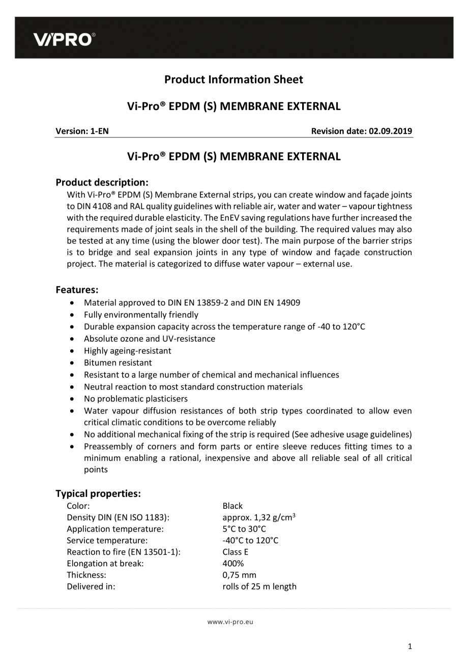 Pagina 1-Membrane EPDM VIPRO VI-PRO® EXTERNAL Catalog, brosura Engleza Product Information Sheet
Vi-Pro®...
