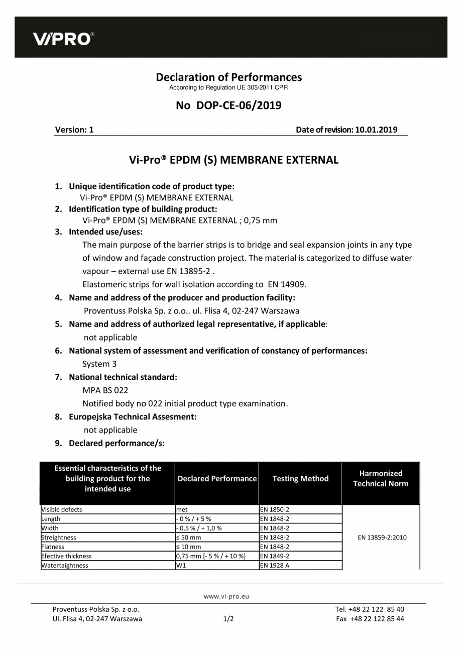 Pagina 1-Declaratie de performanta pentru membrane EPDM VIPRO VI-PRO® EXTERNAL Certificare produs Engleza...