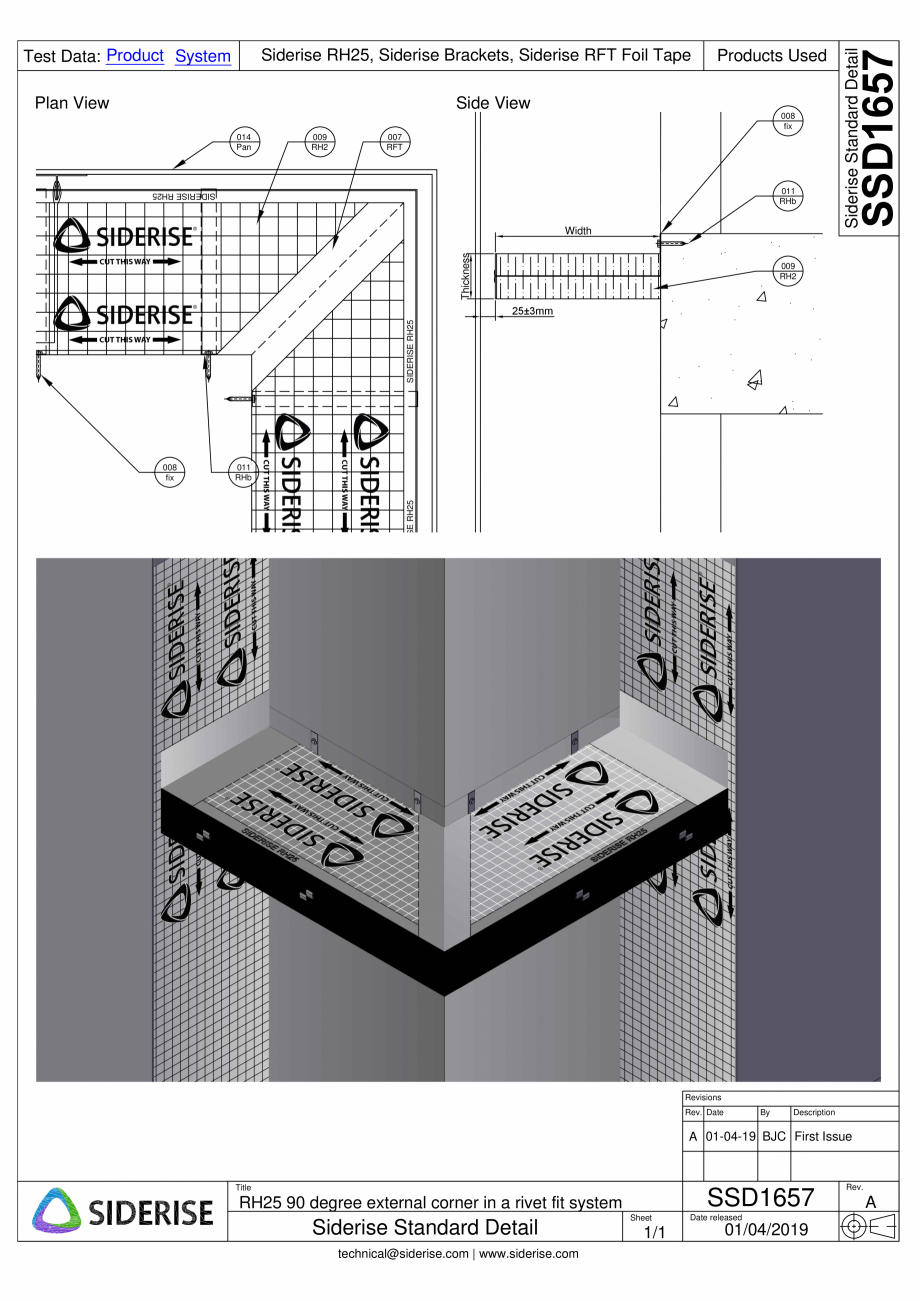 Pagina 1-CAD-PDF Montare bariera Siderise RH25 intr-un colt extern - SSD1657-A Siderise Detaliu de montaj 