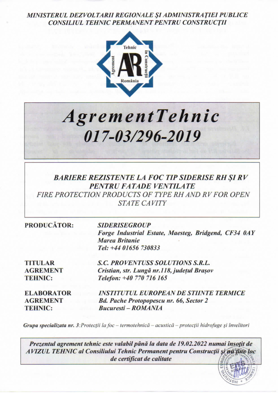 Pagina 1-Agrement Tehnic 017-03/296-2019 - Bariere rezistente la foc tip Siderise RH si RV pentru fatade...