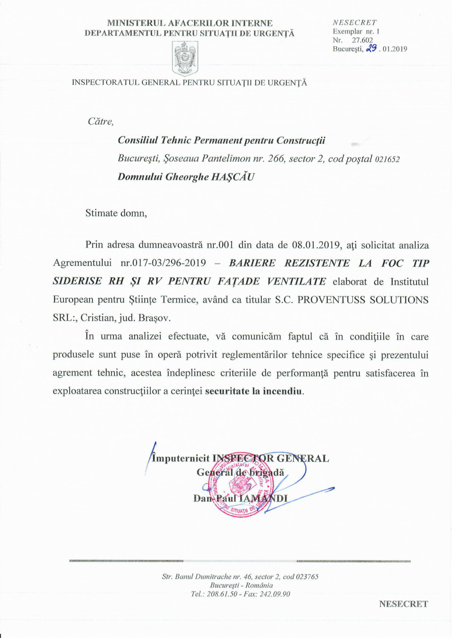 Pagina 1-Aviz IGSU nr 27.602 pentru bariere rezistente la foc tip Siderise RH si RV pentru fatade ventilate...