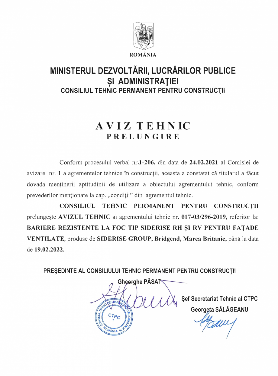 Pagina 1-Aviz tehnic nr. 1-206 pentru bariere rezistente la foc tip Siderise RH si RV pentru fatade ventilate...