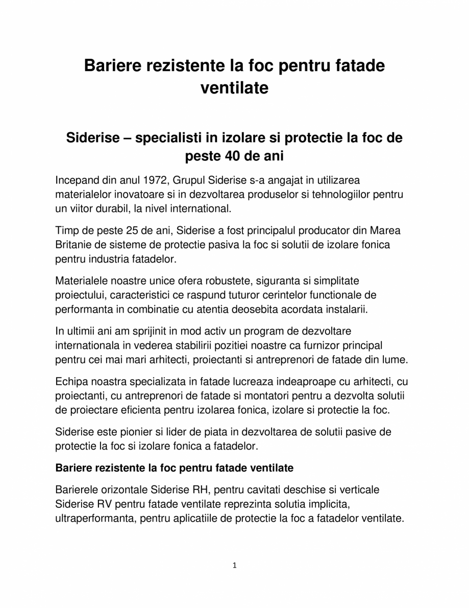 Pagina 1-Bariere rezistente la foc pentru fatade ventilate Siderise Siderise RH, Siderise RV Catalog, brosura...