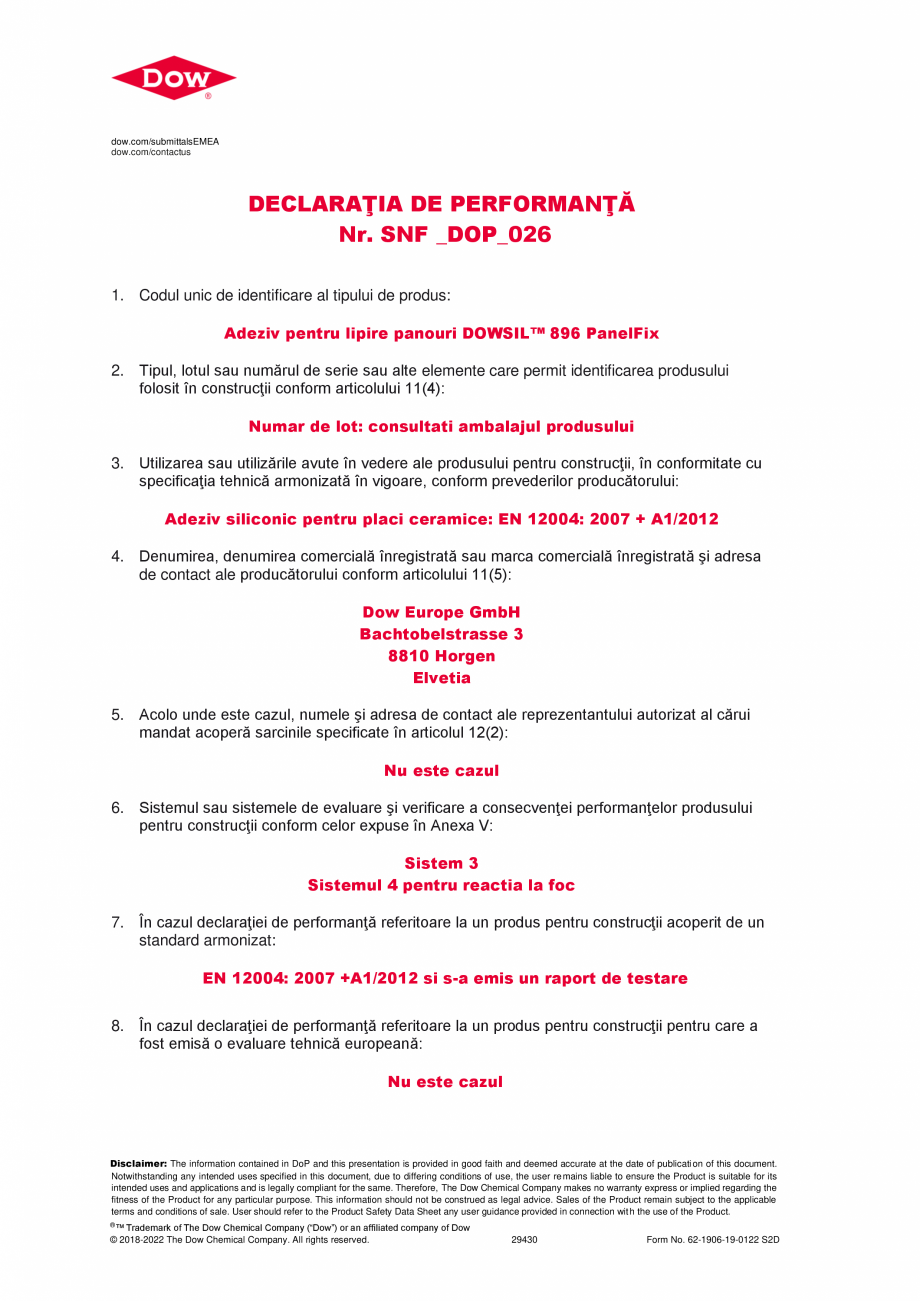 Pagina 1-Declaratie de performanta pentru adeziv pentru lipire panouri DOWSIL™ 896 PanelFix DOW...