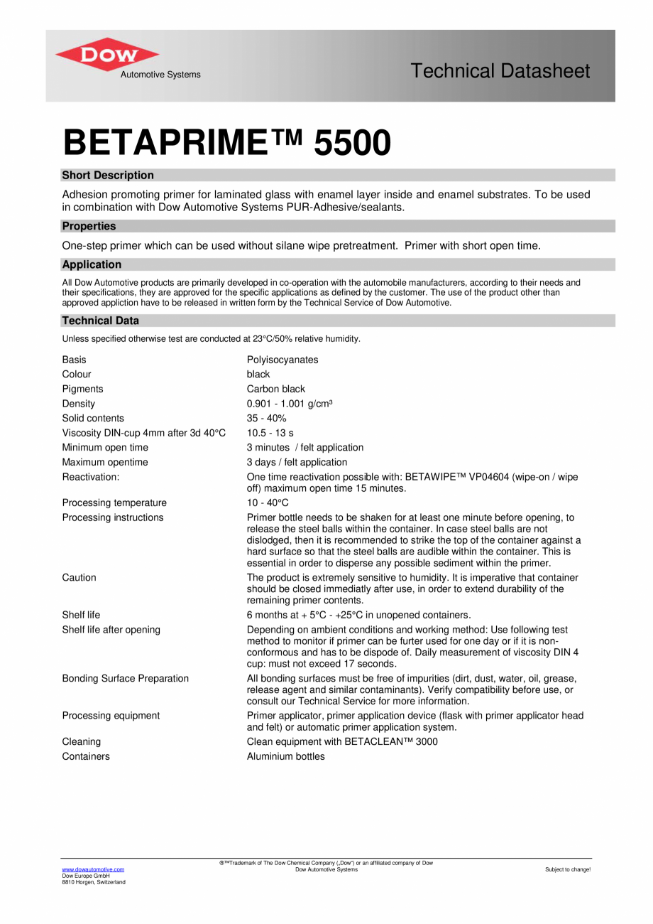 Pagina 1-Primer BetaPrime 5500 DOW DOWSIL™ PanelFix Fisa tehnica Engleza Technical Datasheet
...