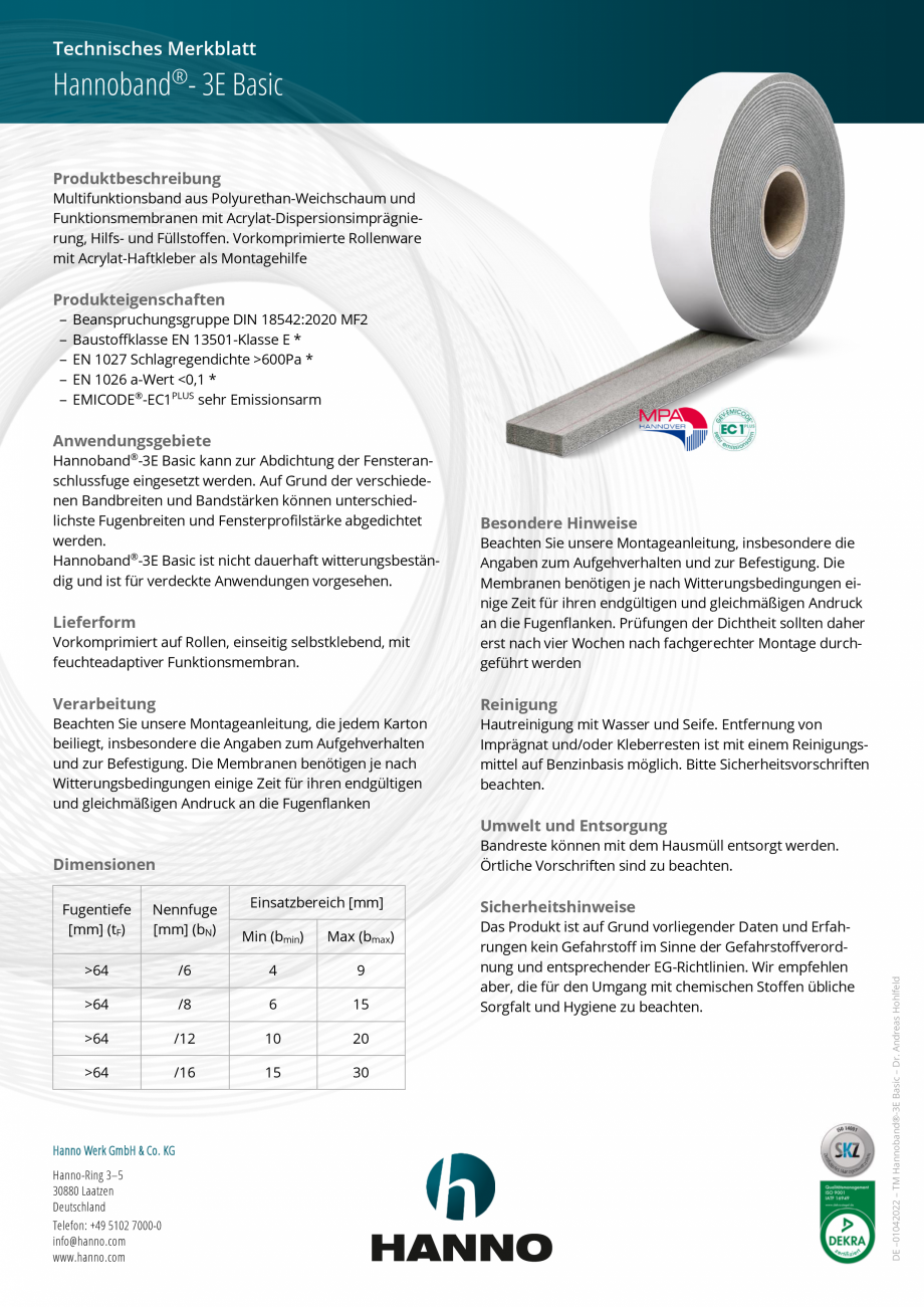 Pagina 1-Banda de etansare multifunctionala HANNO Hannoband®-3E Basic Fisa tehnica Germana Technisches...