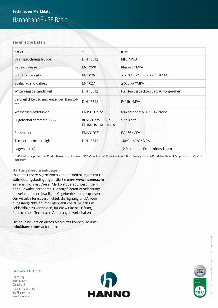 Pagina 2 - Banda de etansare multifunctionala HANNO Hannoband®-3E Basic Fisa tehnica Germana...