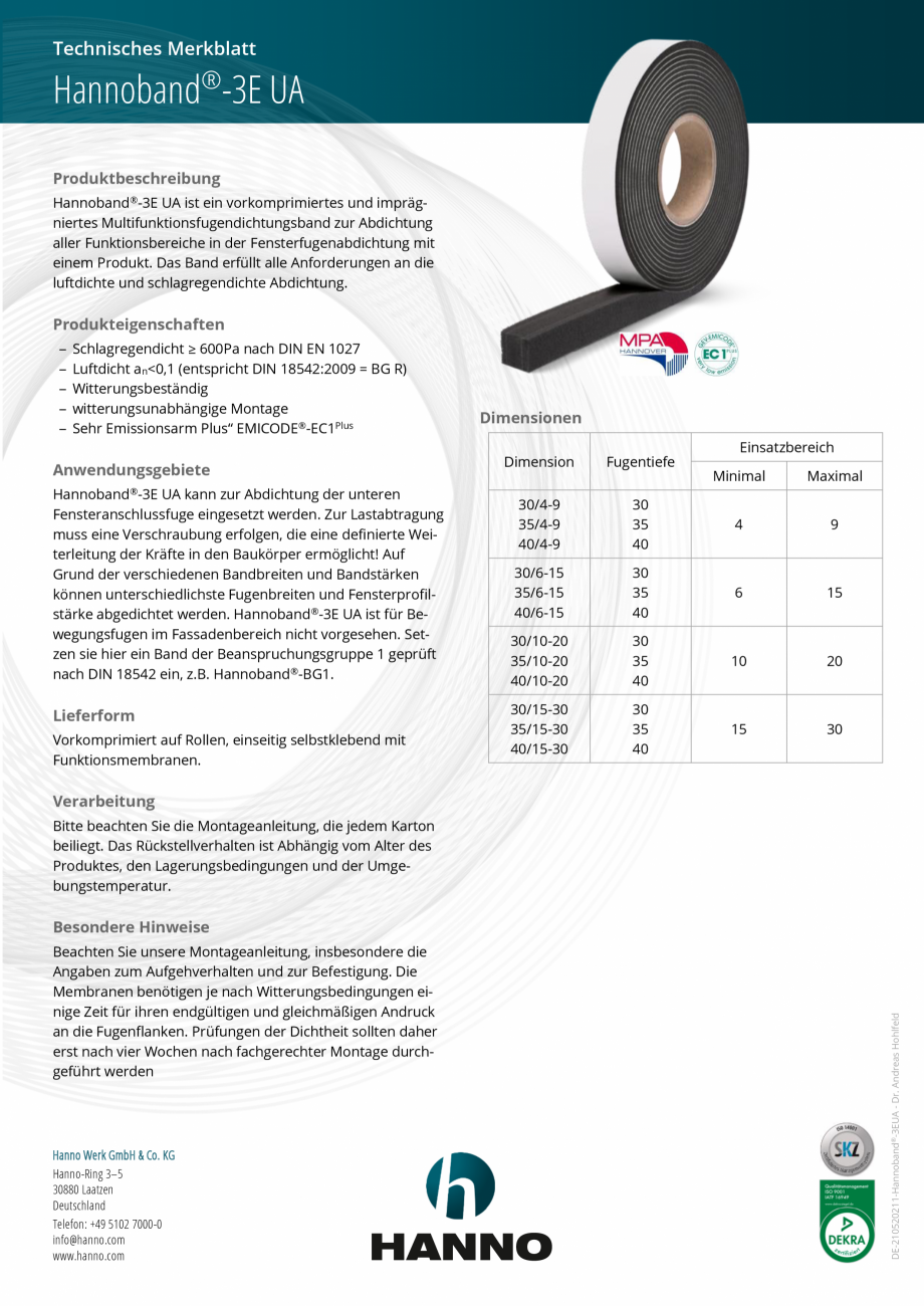 Pagina 1-Banda de etansare precomprimata HANNO Hannoband®-3E UA Fisa tehnica Germana Technisches...
