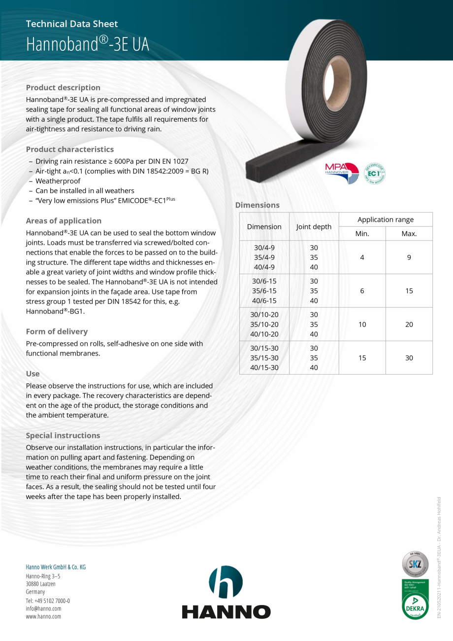 Pagina 1-Banda de etansare precomprimata HANNO Hannoband®-3E UA Fisa tehnica Engleza Technical Data Sheet...