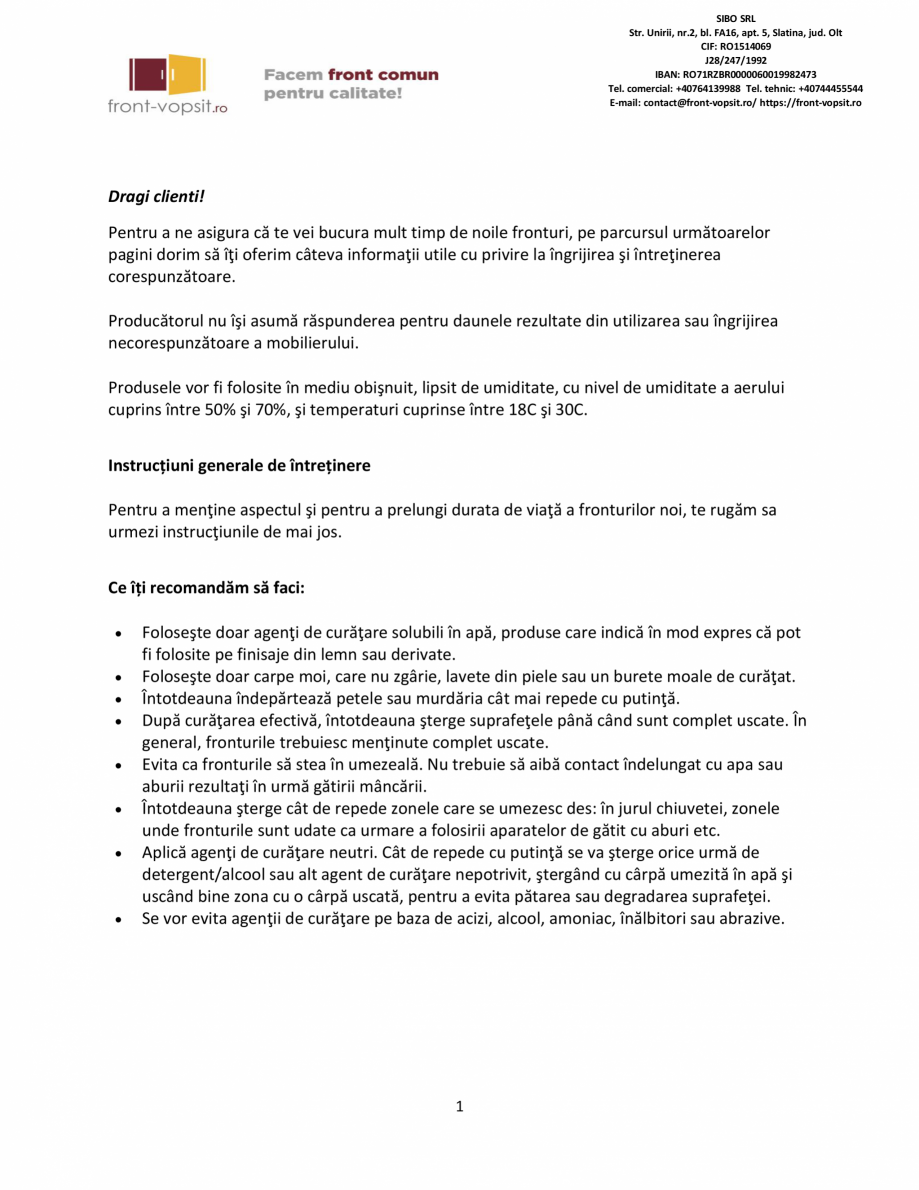 Pagina 1-Instructiuni generale de intretinere fronturi vopsite Sibo Instructiuni montaj, utilizare Romana...