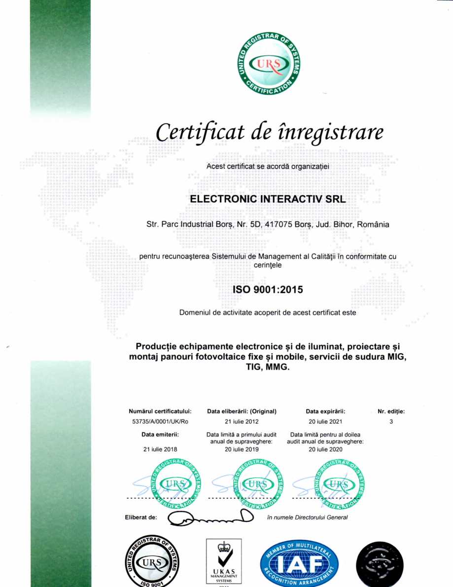 Pagina 1-Certificat ISO 9001-2015 - Productie echipamente electronice si de iluminat, proiectare si montaj...